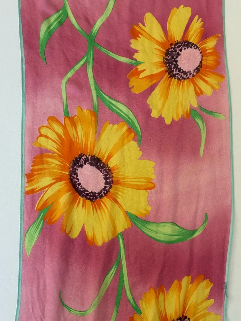 Vintage Ralph Lauren Collection Silk Chiffon Pink Yellow Sunflowers Scarf 13x68